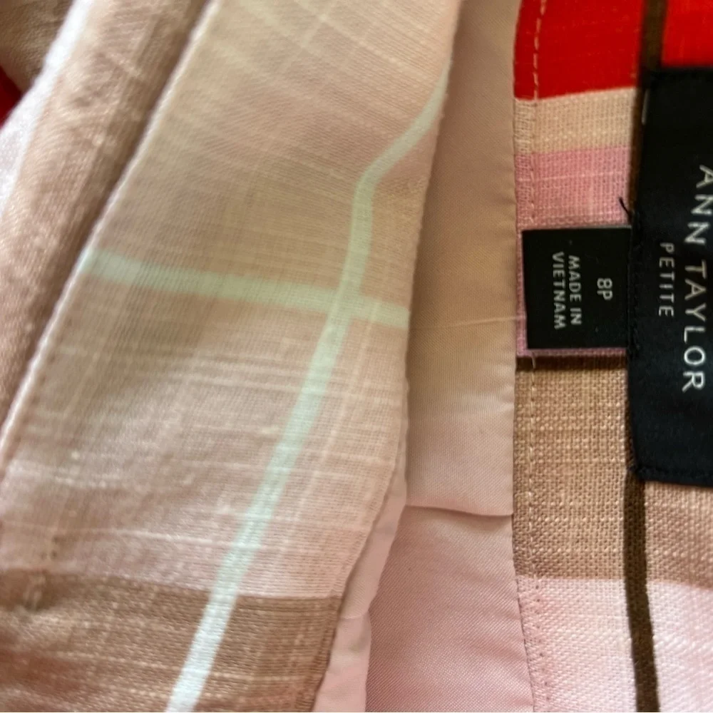 Ann Taylor Linen Blend Multi Colored Plaid Skirt Bow Belted Women’s 8P Pink Tan
